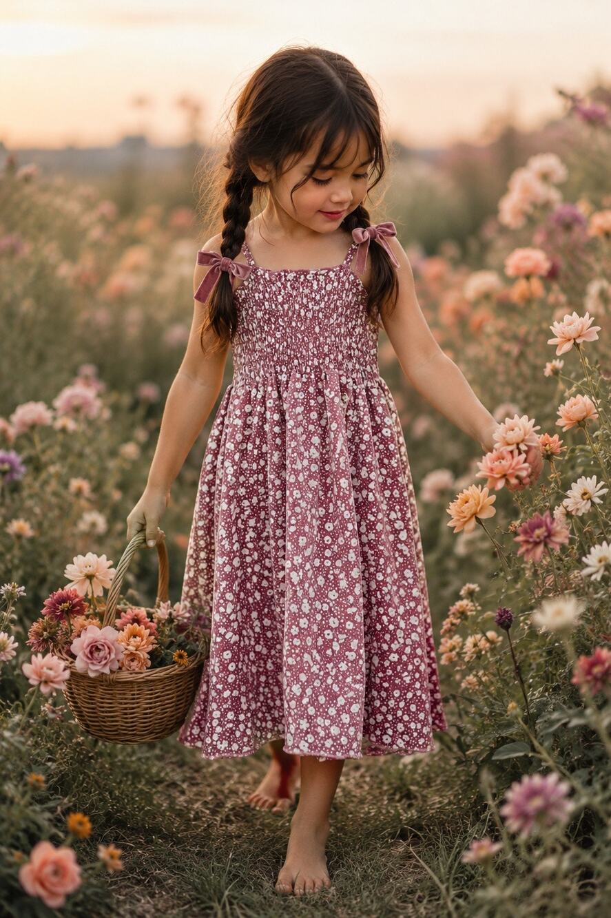 Sunset Blooms Mauve Floral Floaty Smocked Twirl Midi dress 5T